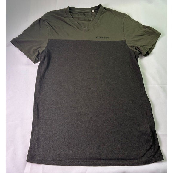 Guess Los Angeles Mens Small S Colorblock V-Neck T-Shirt Olive Gray Streetwear - Picture 2 of 8